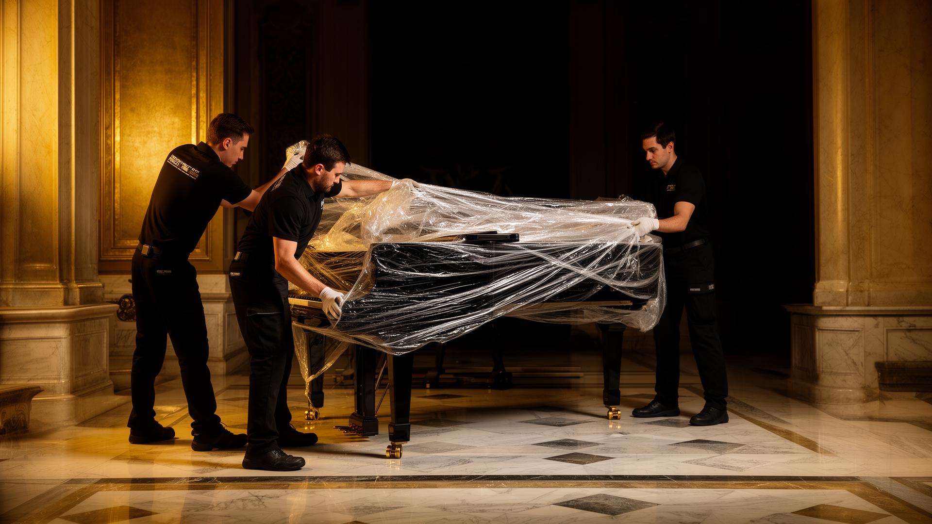 Movers wrapping a grand piano in a marble foyer